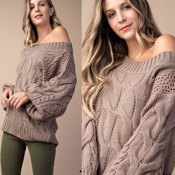 Cozy Mocha Cable Knit off shoulder Sweater Top - Picture 2 of 5